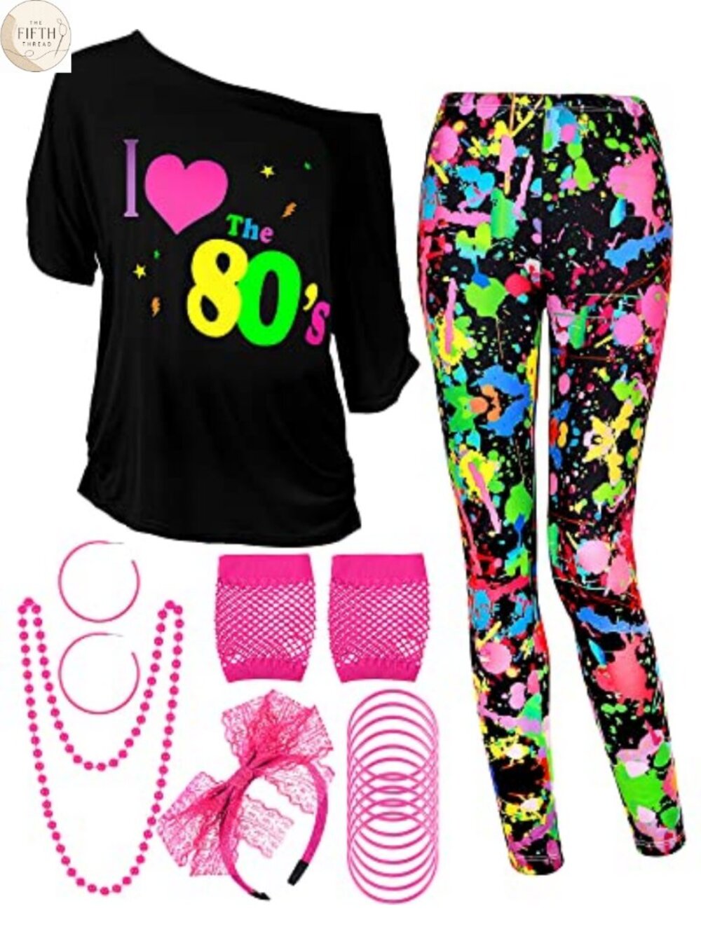 80s Costume Set T-Shirt Geometric Leggings Gloves Earrings Necklace Bracelets